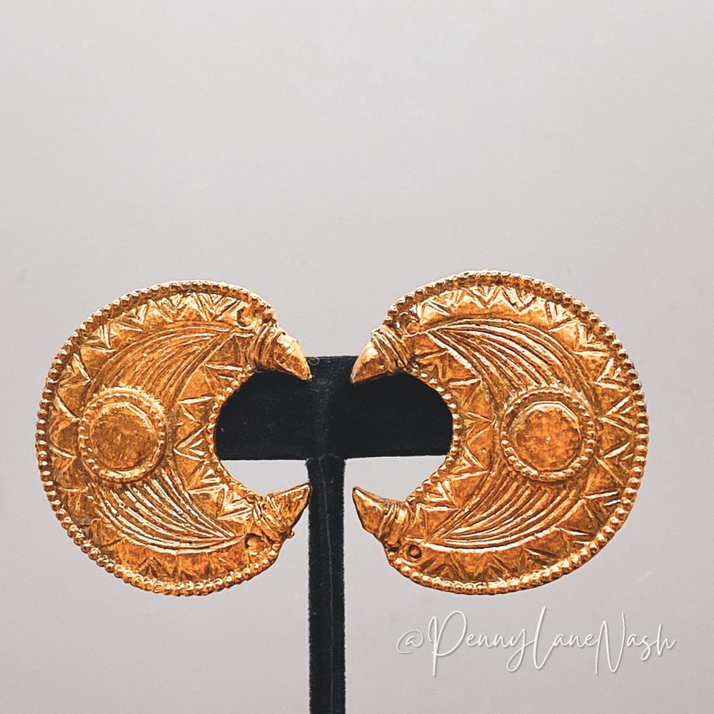 Vintage Gold Tribal Moon Plate Large Drop Earrings - Picture 1 of 6